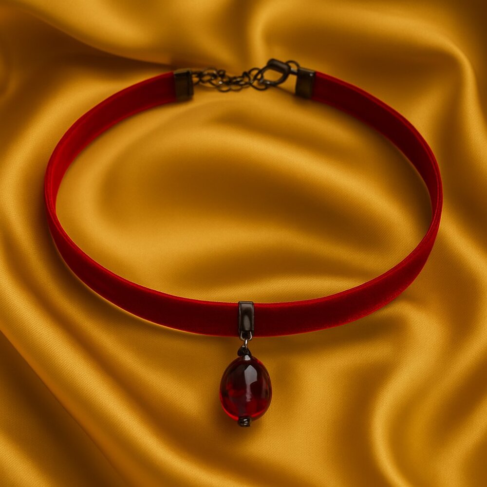 Red Velvet Choker Necklace w/ Faceted Red Crystal Drop Pendant - Women's Jewelry